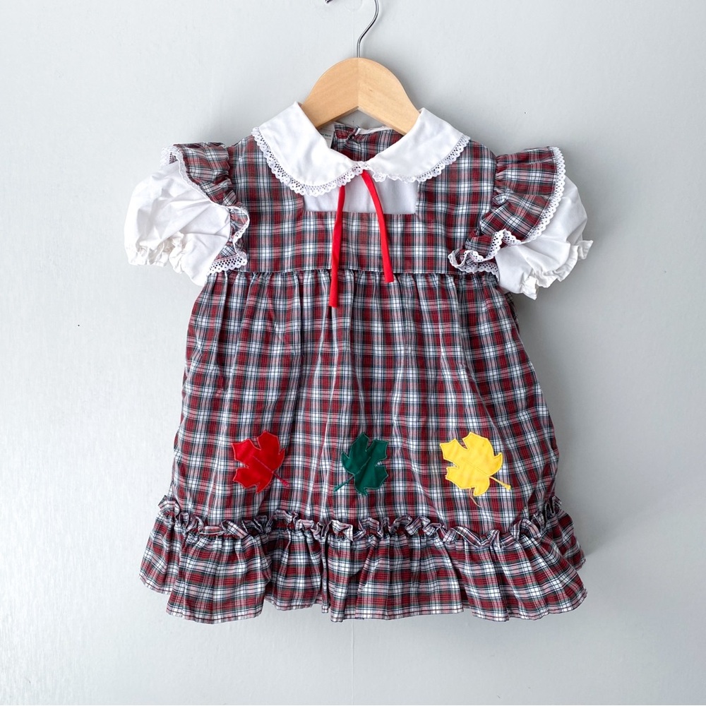 Vintage JCPenney Toddletime Puff Sleeve Plaid Fall Leaf Embroidered Dress 2-3T